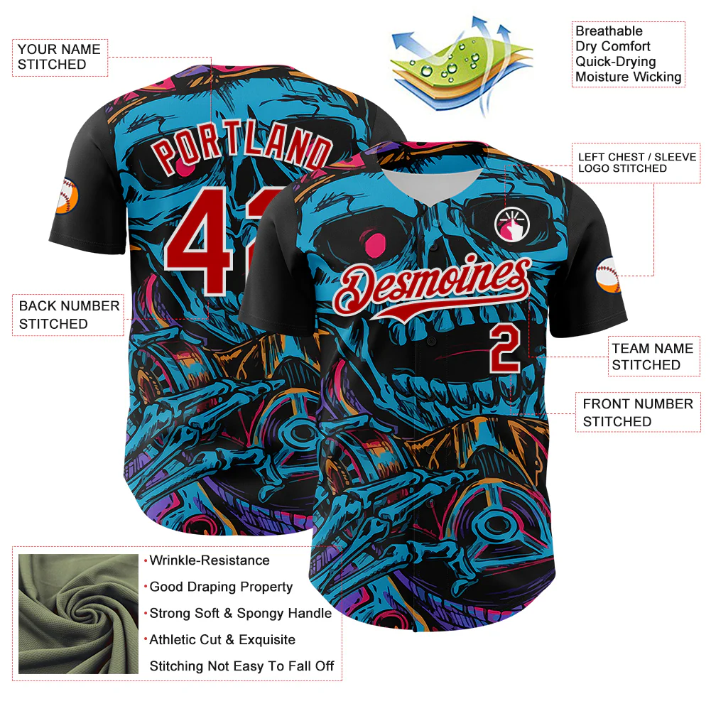 Custom Black Red-White 3D Pattern Design Burner Costumes Horror Skull Authentic Baseball Jersey - Image 3