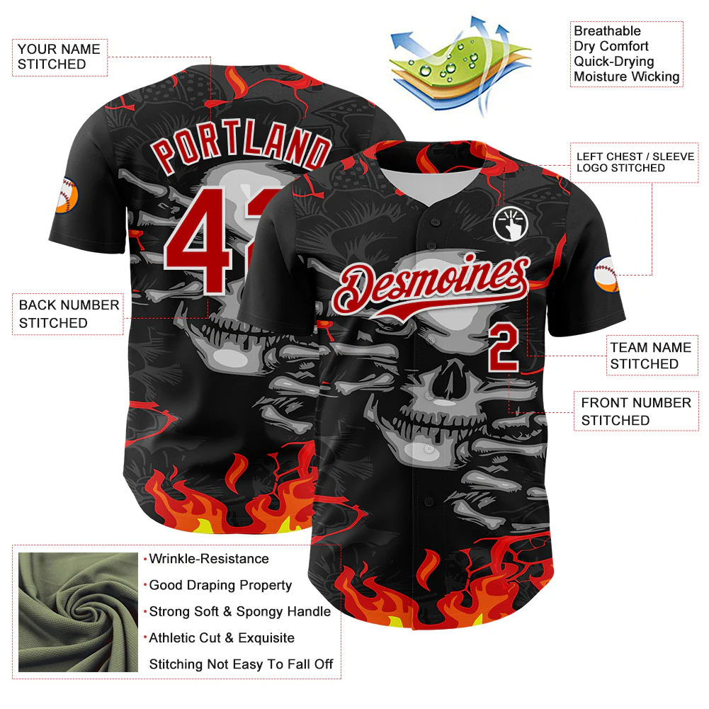 Custom Black Red-White 3D Pattern Design Burner Costumes Hellfire Skull Authentic Baseball Jersey - Image 3