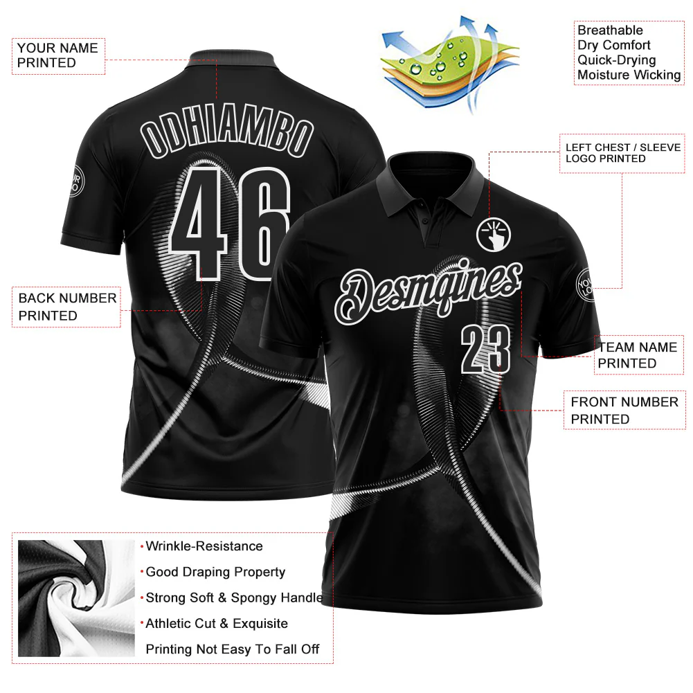 Custom Black White 3D Pattern Design Black Ribbon Skin Cancer Cancer Awareness Performance Polo Shirt - Image 3