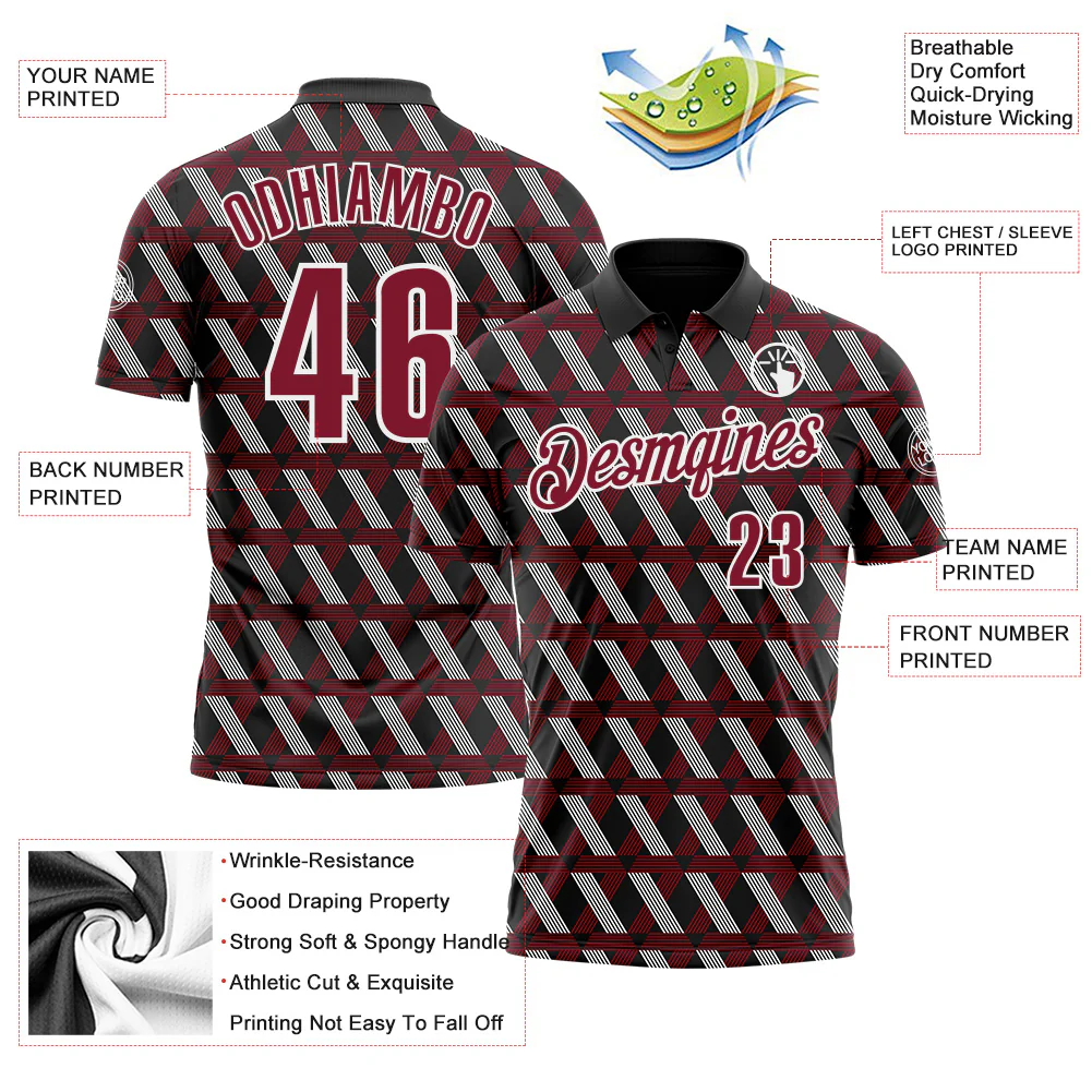 Custom Black Crimson-White 3D Pattern Design Burgundy And White Ribbon Head And Neck Cancer Cancer Awareness Performance Polo Shirt - Image 3