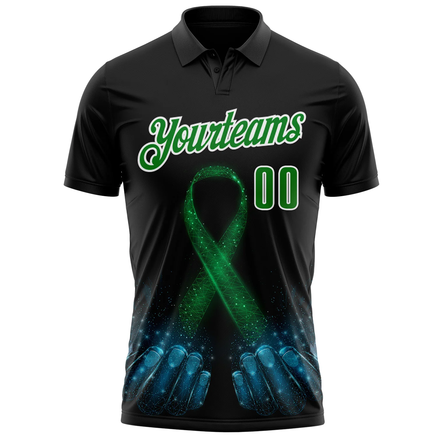 Custom Black Grass Green-White 3D Pattern Design Green Ribbon Liver Cancer Performance Polo Shirt - Image 2