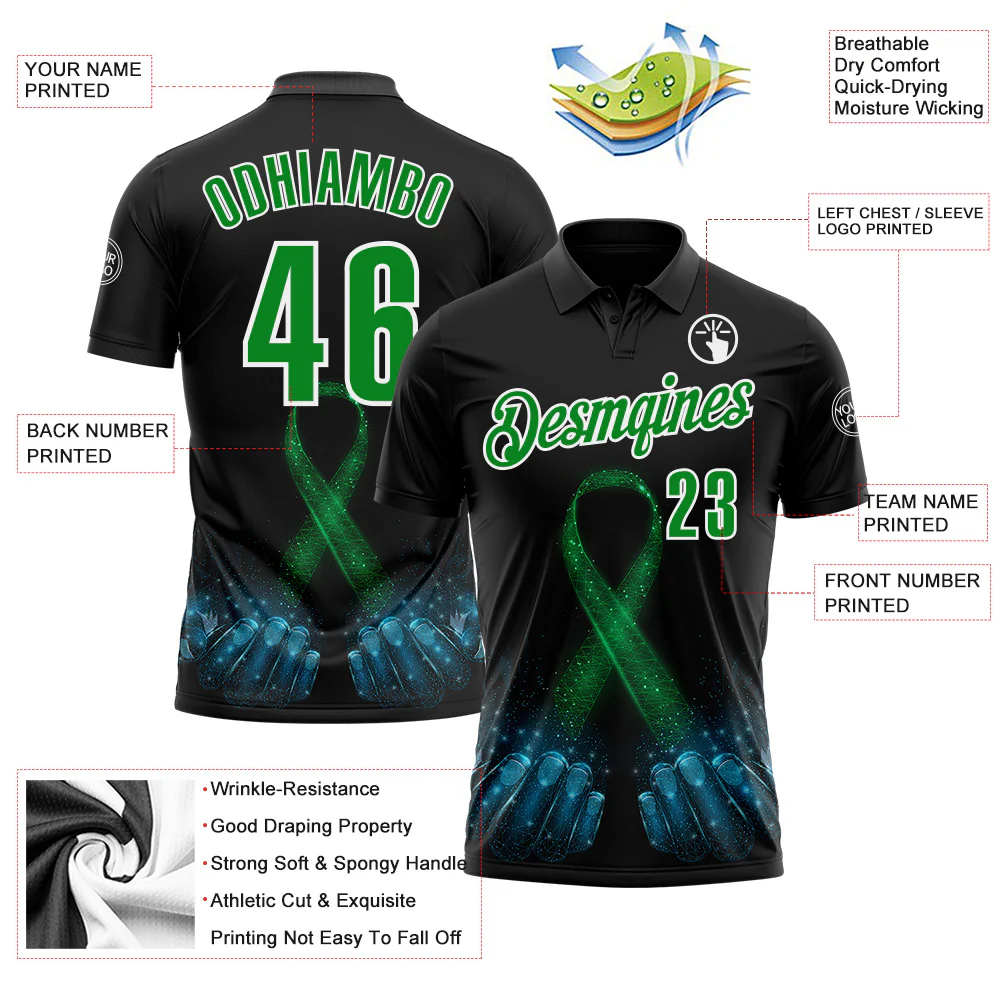 Custom Black Grass Green-White 3D Pattern Design Green Ribbon Liver Cancer Performance Polo Shirt - Image 3