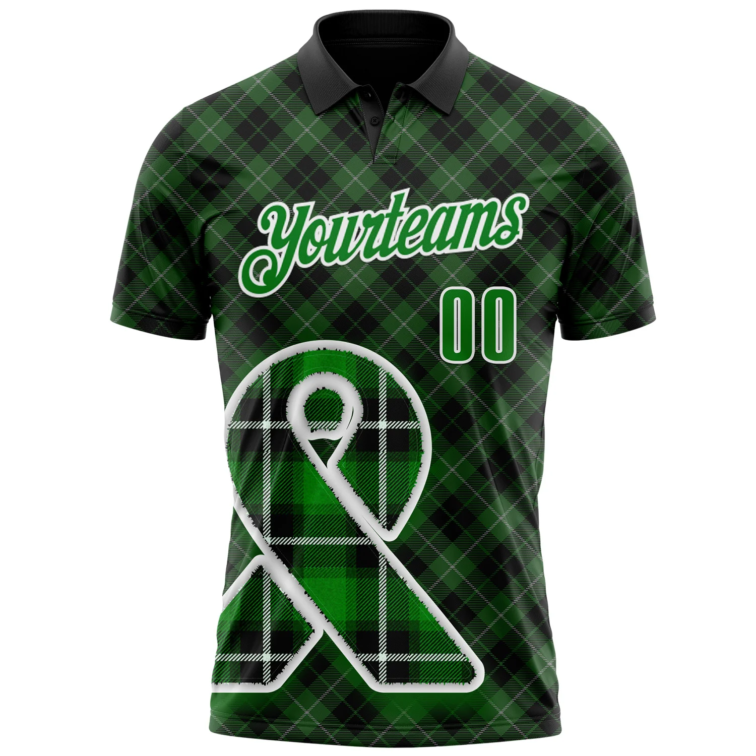 Custom Black Grass Green-White 3D Pattern Design Green Ribbon Liver Cancer Plaid Performance Polo Shirt - Image 2