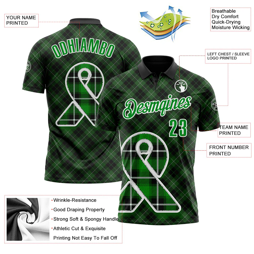 Custom Black Grass Green-White 3D Pattern Design Green Ribbon Liver Cancer Plaid Performance Polo Shirt - Image 3