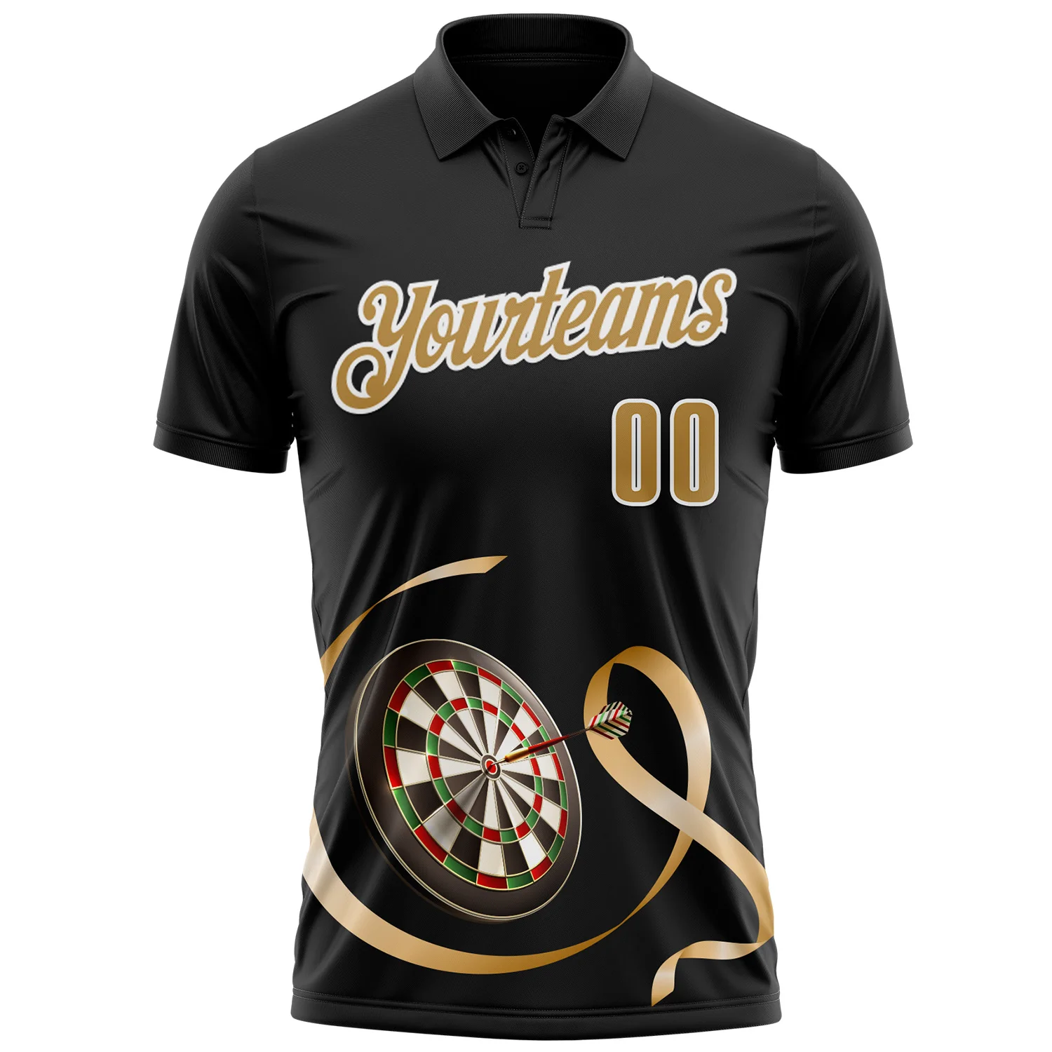 Custom Black Old Gold-White 3D Pattern Design Gold Ribbon Childhood Cancer Awareness Darts Performance Polo Shirt - Image 2