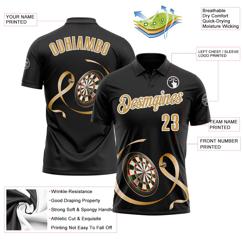 Custom Black Old Gold-White 3D Pattern Design Gold Ribbon Childhood Cancer Awareness Darts Performance Polo Shirt - Image 3