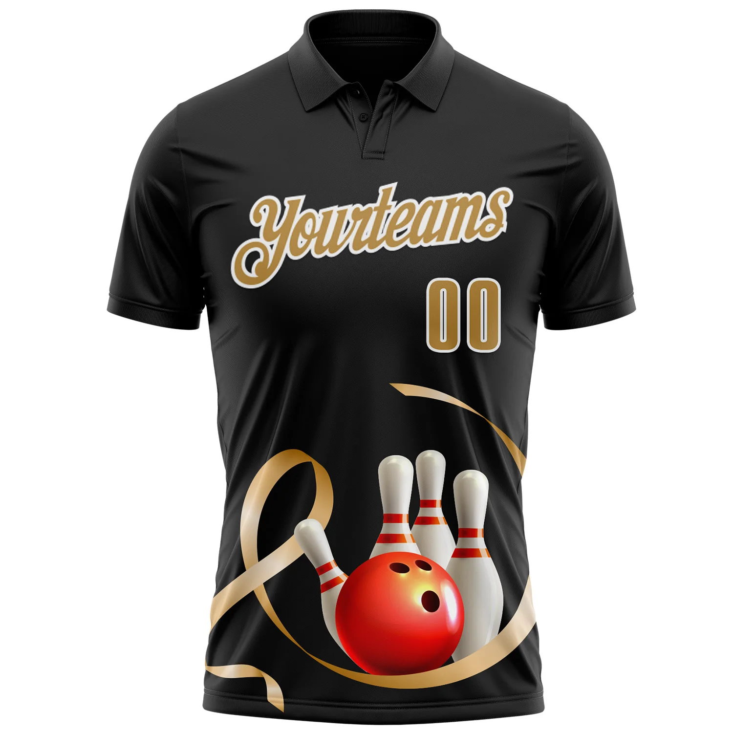 Custom Black Old Gold-White 3D Pattern Design Gold Ribbon Childhood Cancer Awareness Bowling Performance Polo Shirt - Image 2