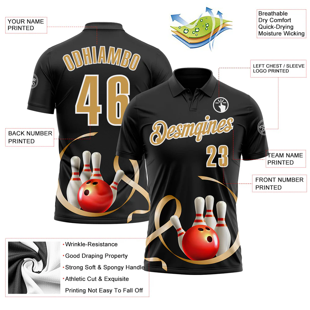 Custom Black Old Gold-White 3D Pattern Design Gold Ribbon Childhood Cancer Awareness Bowling Performance Polo Shirt - Image 3
