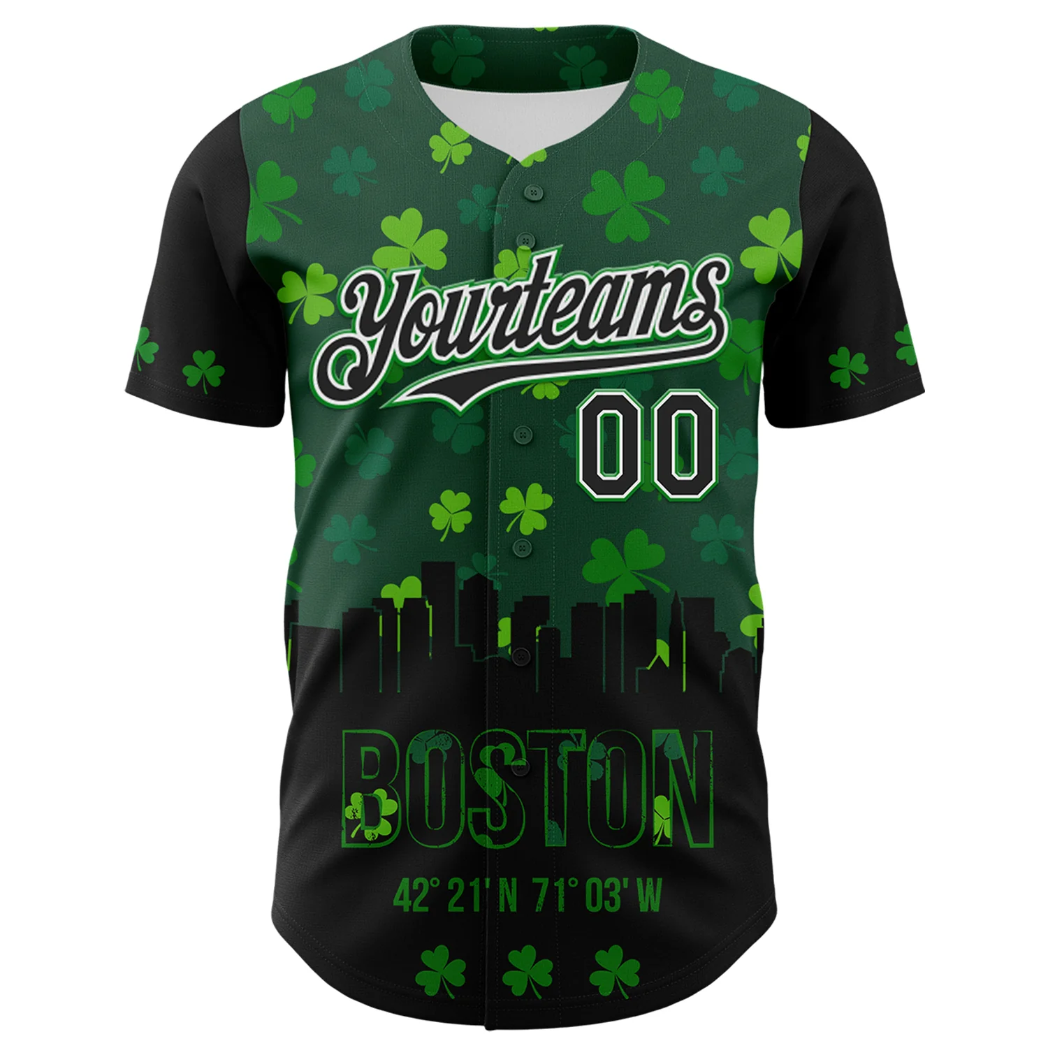 Custom Black White-Grass Green 3D Pattern Design Boston Cityscape Shamrock Authentic St. Patrick's Day Baseball Jersey - Image 2
