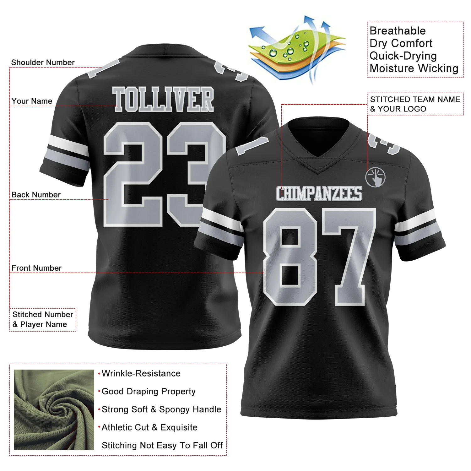 Custom Black Gray-White Authentic Football Jersey - Image 3