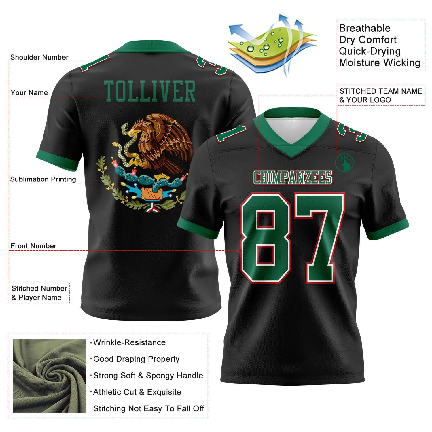 Custom Black Kelly Green White-Red 3D Pattern Mexico Authentic Football Jersey - Image 3