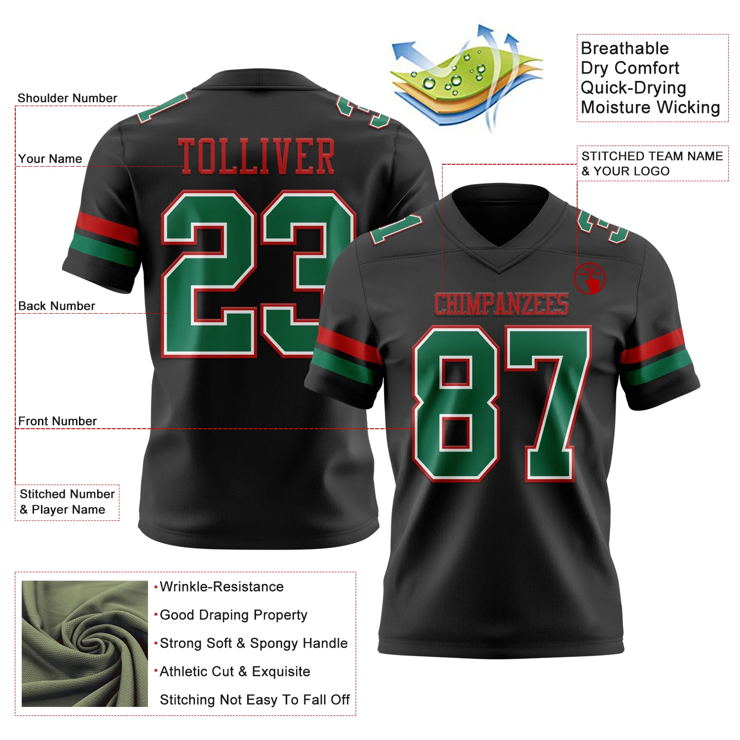 Custom Black Kelly Green White-Red Authentic Football Jersey - Image 3