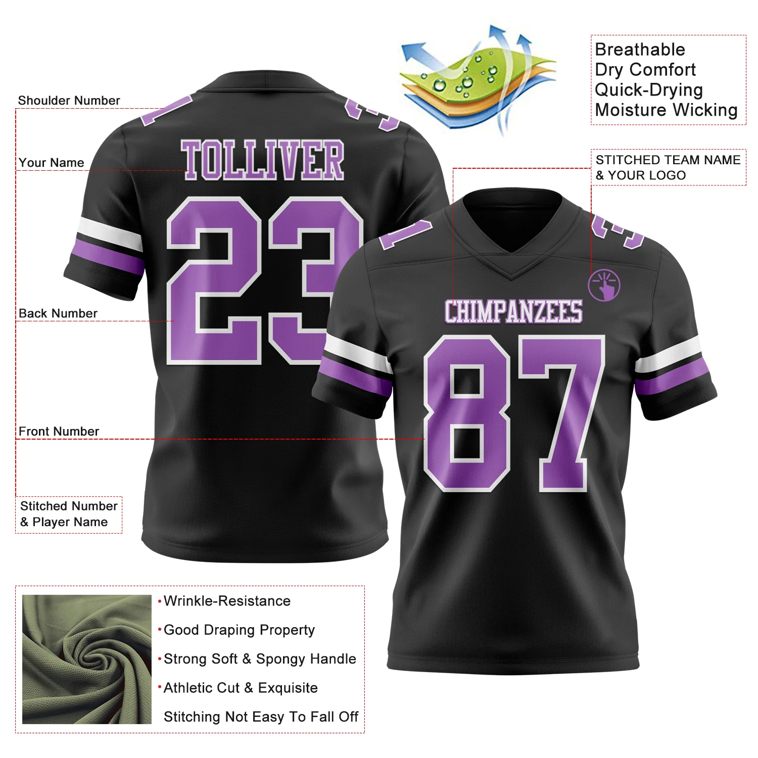 Custom Black Medium Purple-White Authentic Football Jersey - Image 3