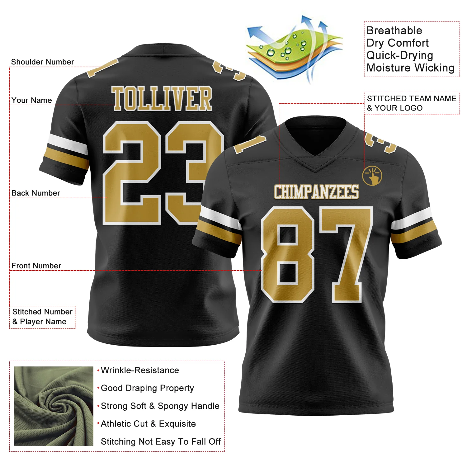 Custom Black Old Gold-White Authentic Football Jersey - Image 3