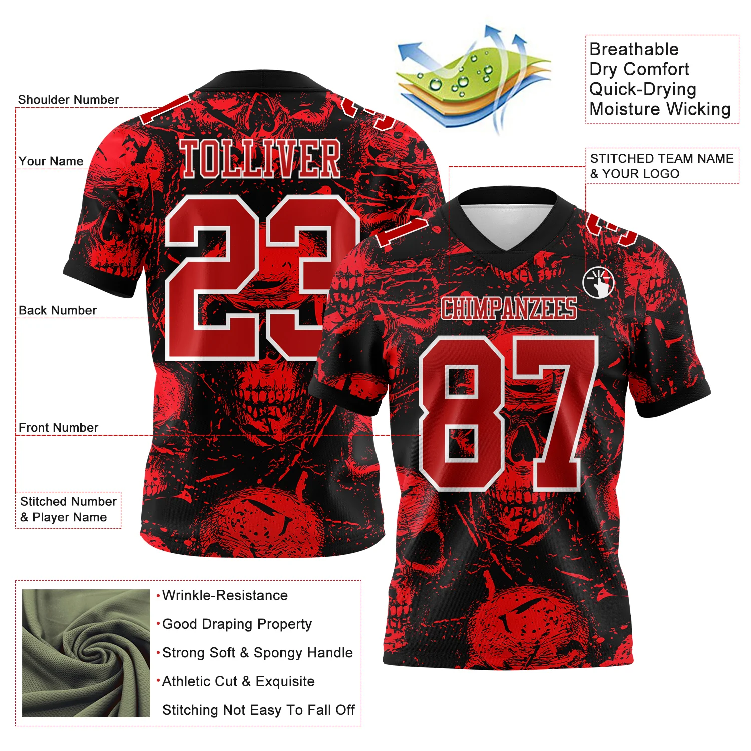 Custom Black Red-White 3D Pattern Halloween Skull Authentic Football Jersey - Image 3