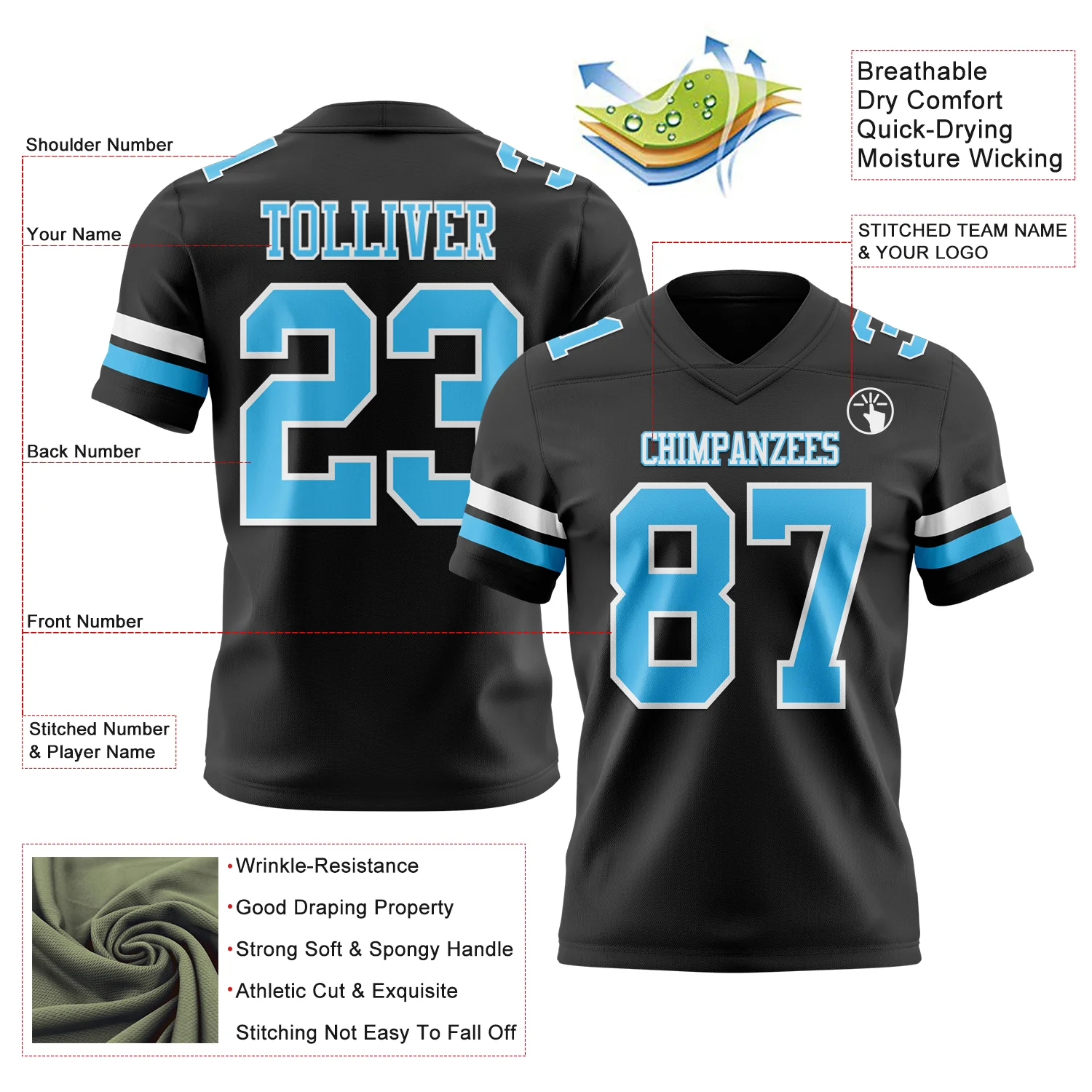 Custom Black Sky Blue-White Authentic Football Jersey - Image 3