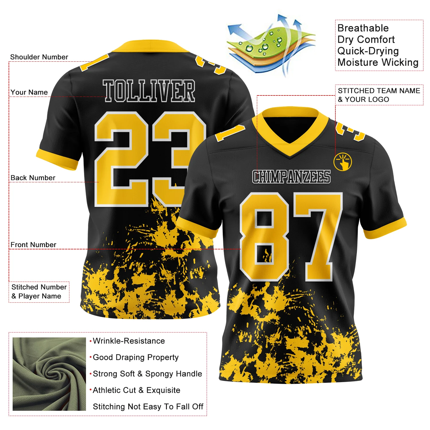 Custom Black Yellow-White 3D Pattern Splash Authentic Football Jersey - Image 3