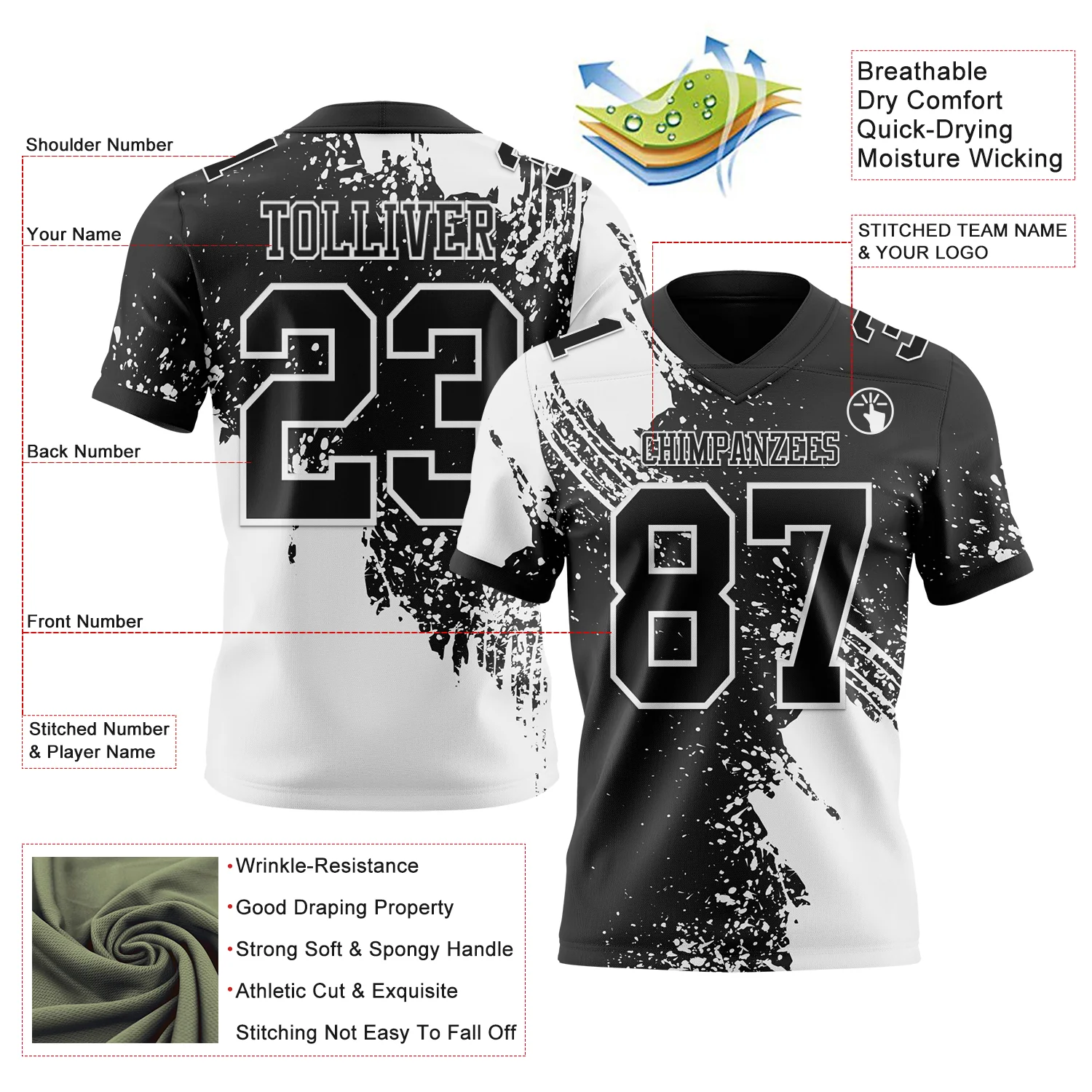 Custom Black White 3D Pattern Abstract Brush Stroke Authentic Football Jersey - Image 2