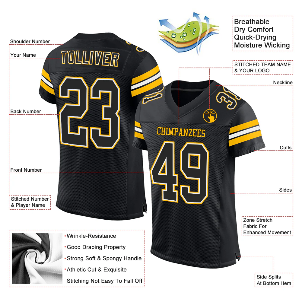Custom Black White-Gold Mesh Authentic Football Jersey - Image 2