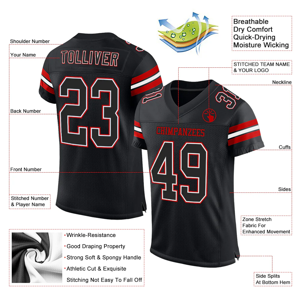 Custom Black White-Red Mesh Authentic Football Jersey - Image 2