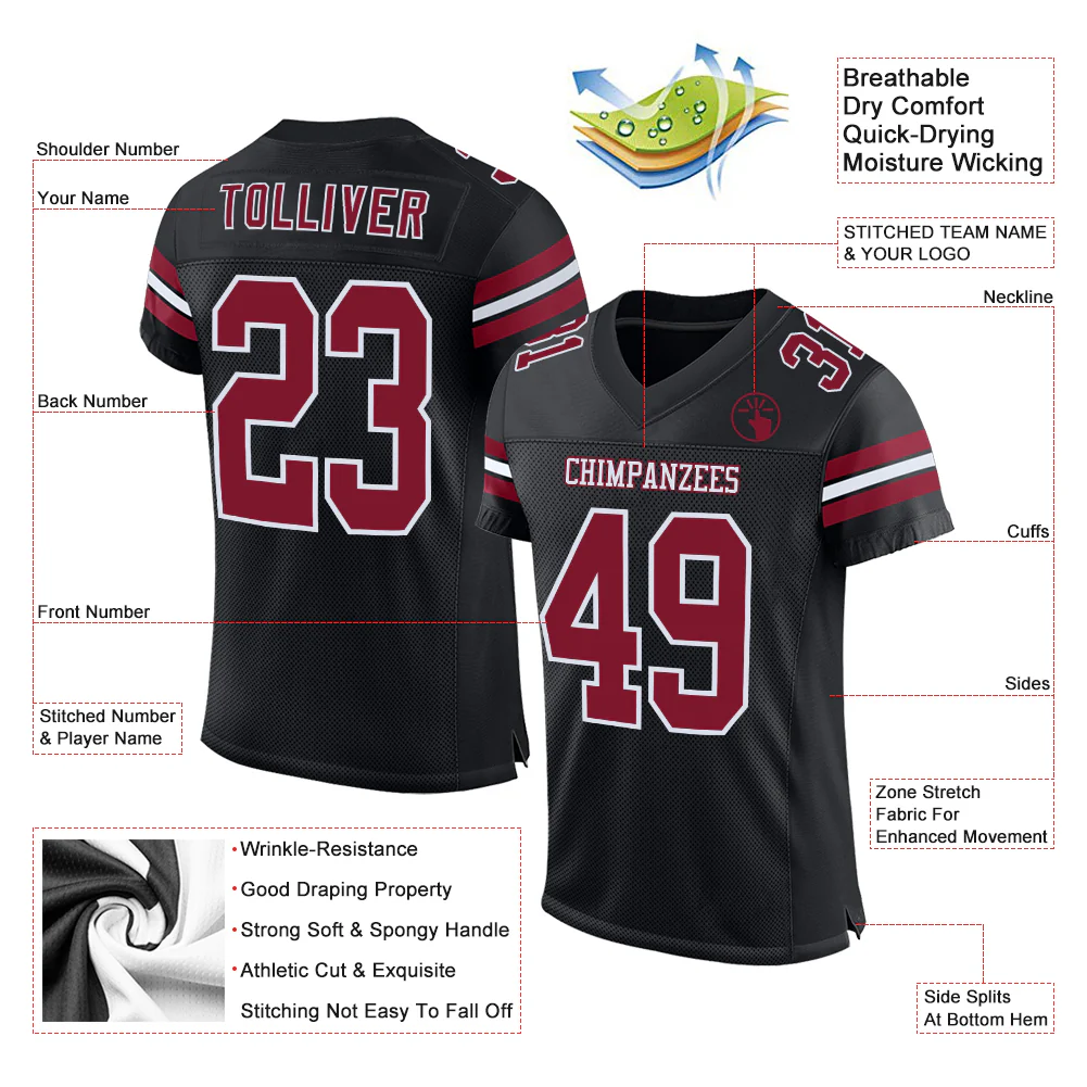 Custom Black Crimson-White Mesh Authentic Football Jersey - Image 2
