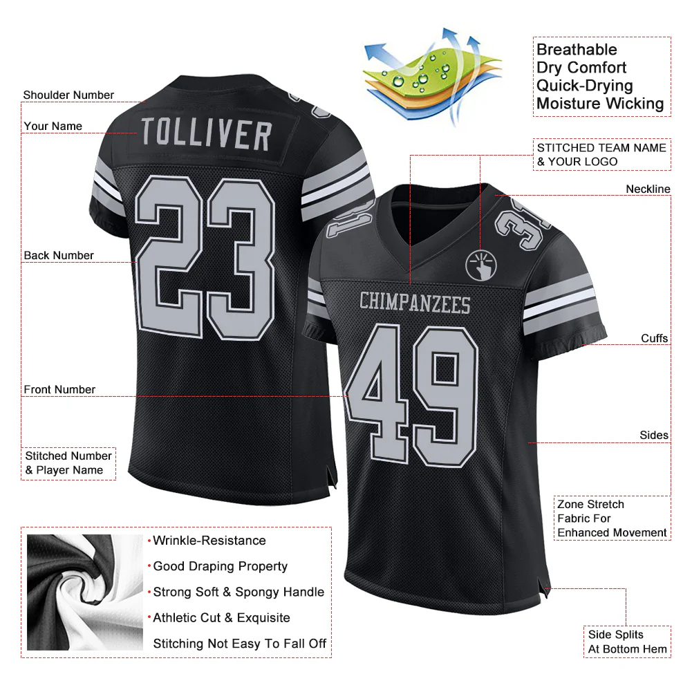 Custom Black Gray-White Mesh Authentic Football Jersey - Image 2