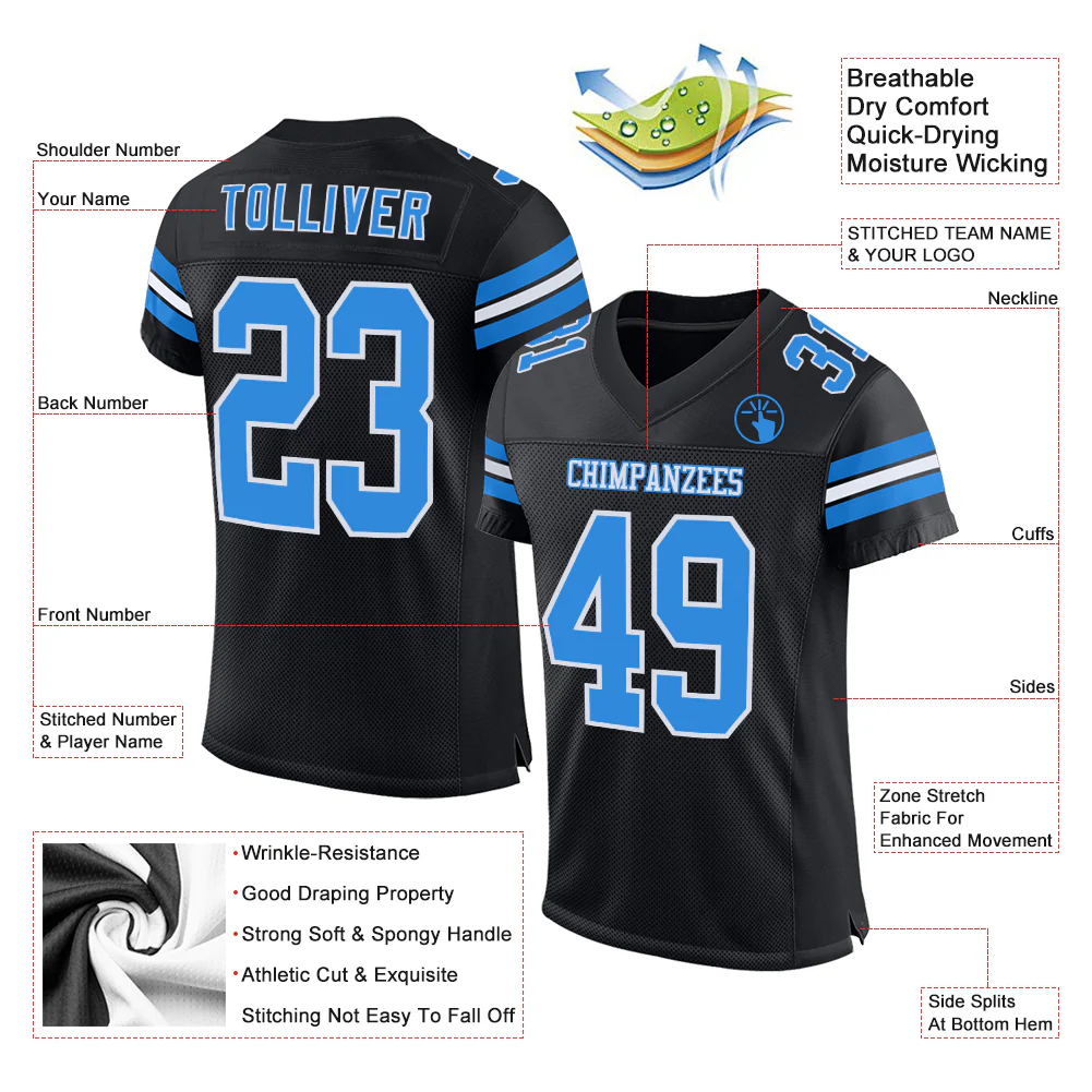 Custom Black Powder Blue-White Mesh Authentic Football Jersey - Image 2