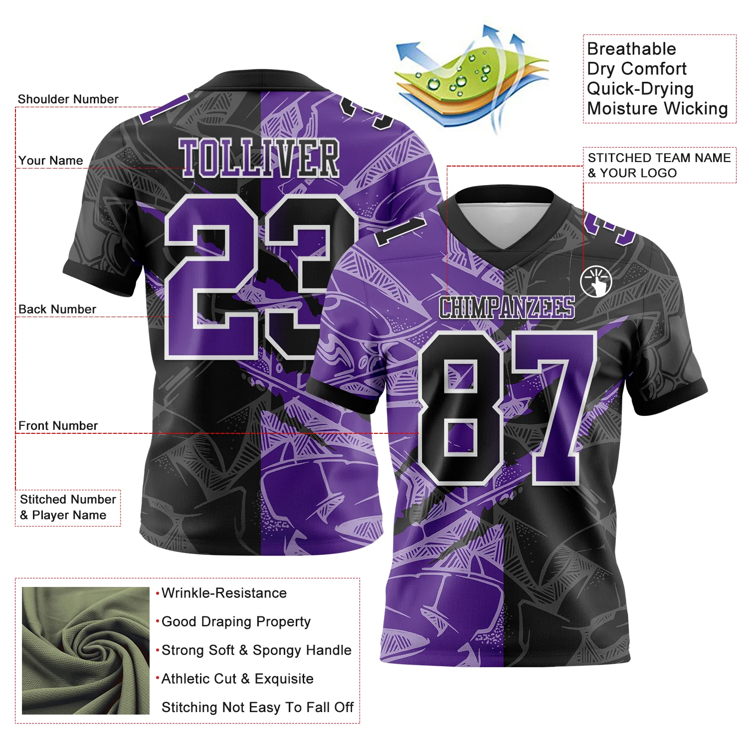 Custom Black Purple-White Authentic Gradient Fashion Scratch Football Jersey - Image 3