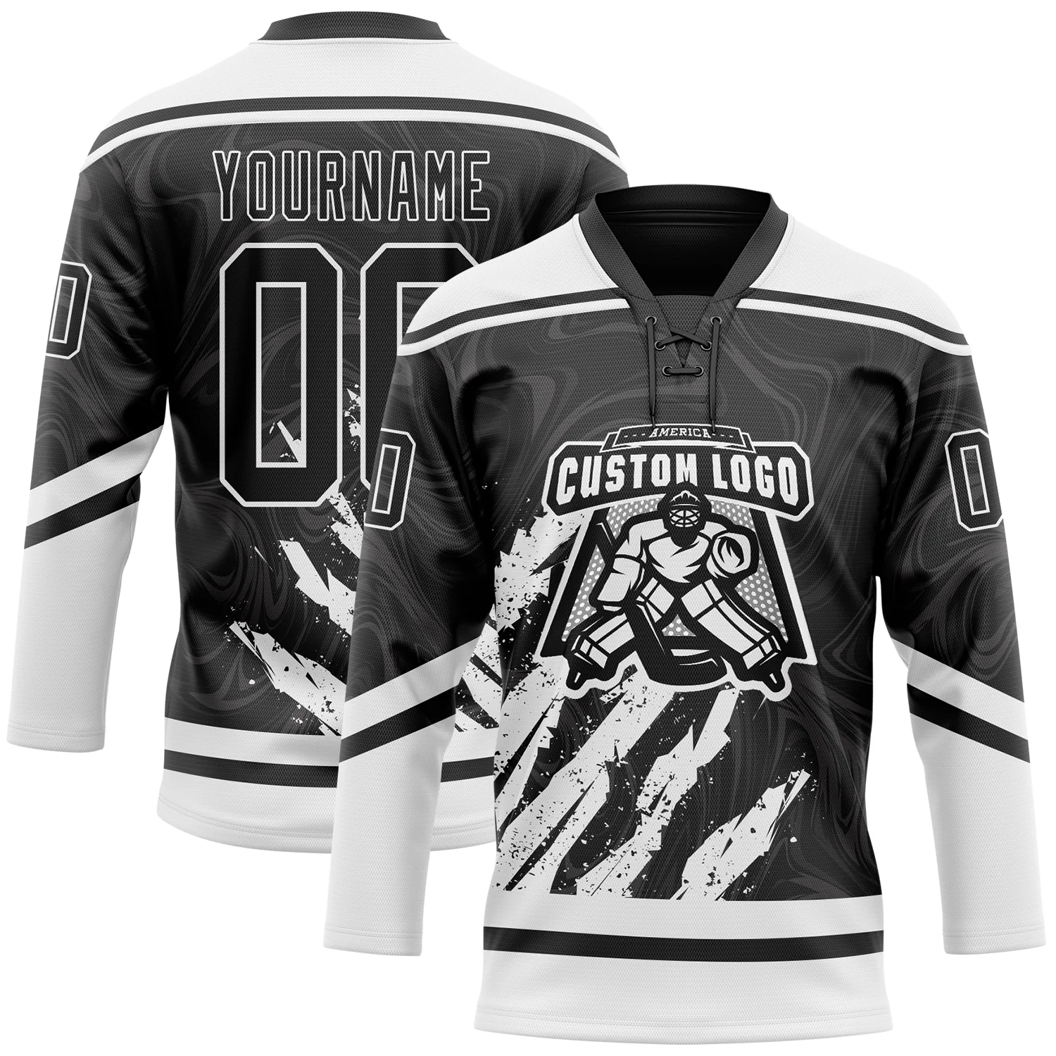 Custom Black White 3D Splash Art Hockey Lace Neck Jersey - Image 2