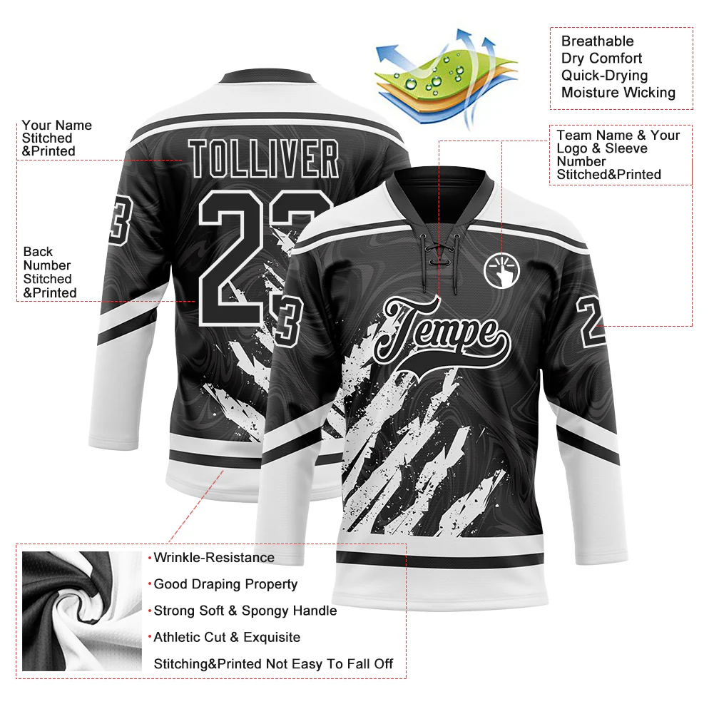 Custom Black White 3D Splash Art Hockey Lace Neck Jersey - Image 5