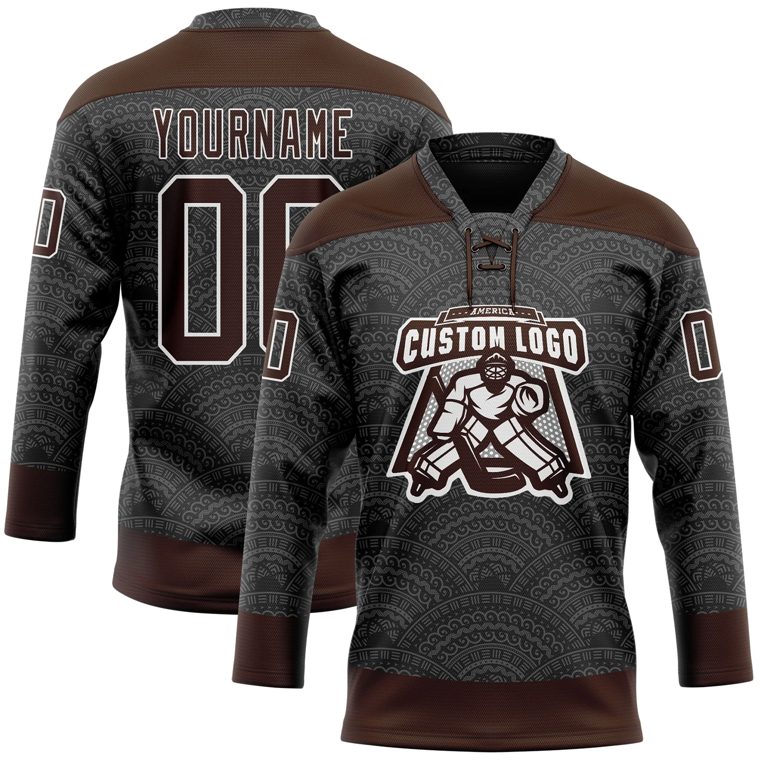 Custom Black Brown-White 3D Pattern Native Americans Tribal Indigenous People Hockey Lace Neck Jersey - Image 2