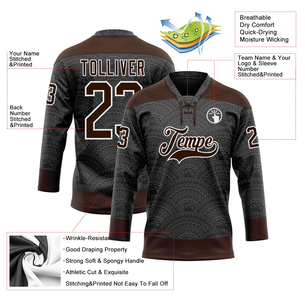 Custom Black Brown-White 3D Pattern Native Americans Tribal Indigenous People Hockey Lace Neck Jersey - Image 5