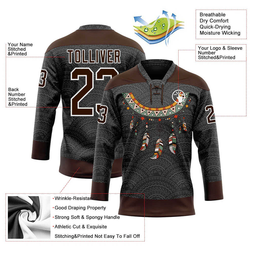 Custom Black Brown-White Native Americans Tribal Indigenous People Hockey Lace Neck Jersey - Image 4