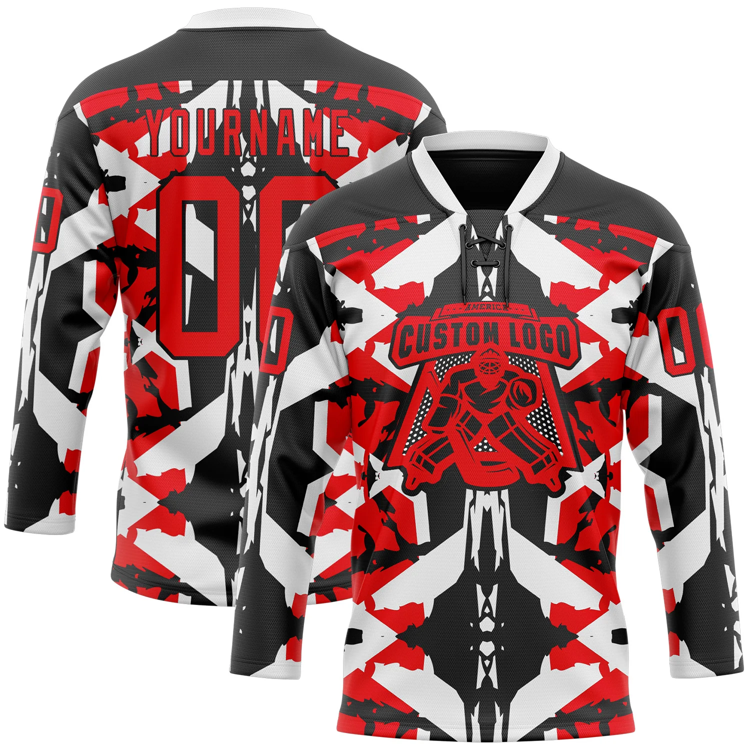 Custom Black Fire Red-White 3D Pattern Abstract Hockey Lace Neck Jersey - Image 2