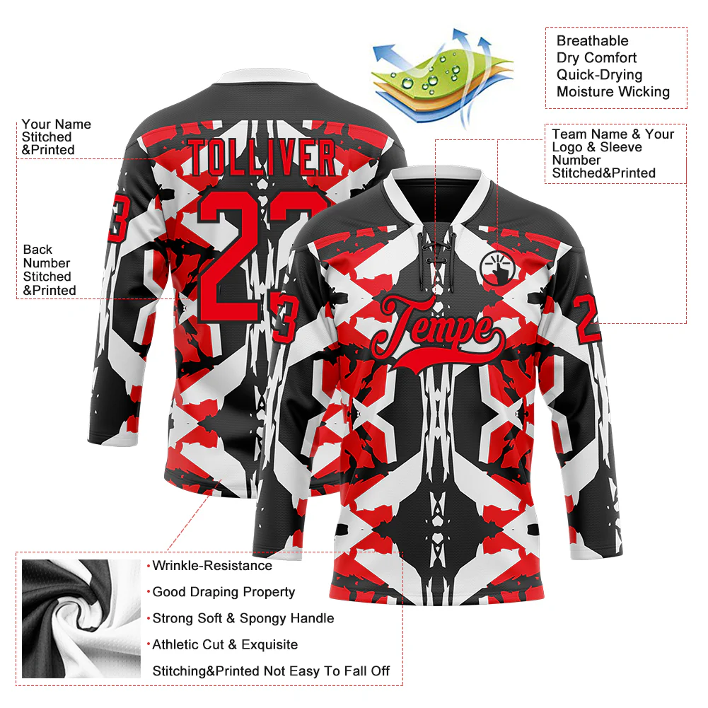 Custom Black Fire Red-White 3D Pattern Abstract Hockey Lace Neck Jersey - Image 3