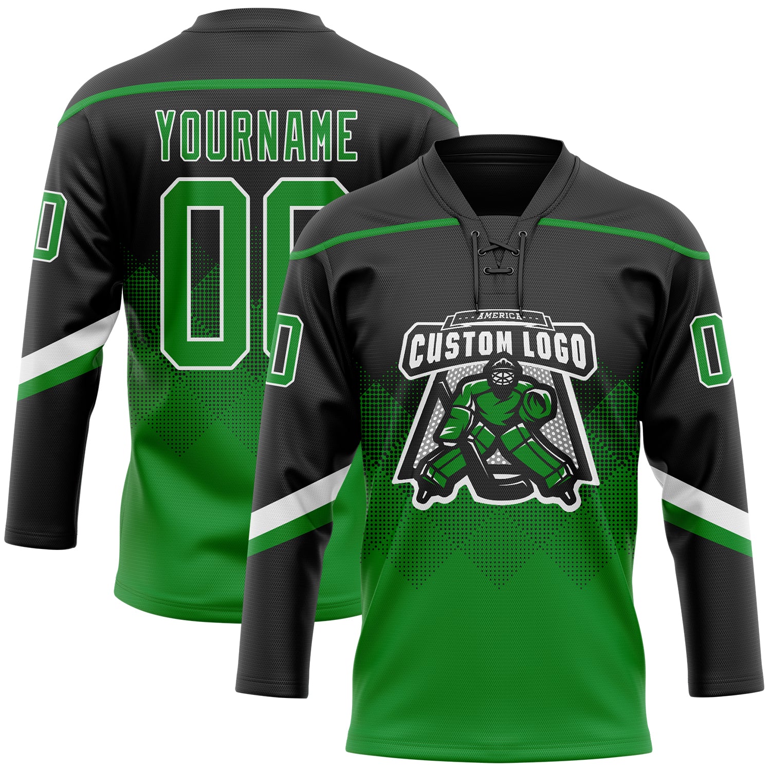 Custom Black Grass Green-White 3D Pattern Gradient Square Shapes Hockey Lace Neck Jersey - Image 2