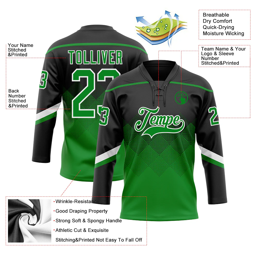 Custom Black Grass Green-White 3D Pattern Gradient Square Shapes Hockey Lace Neck Jersey - Image 3