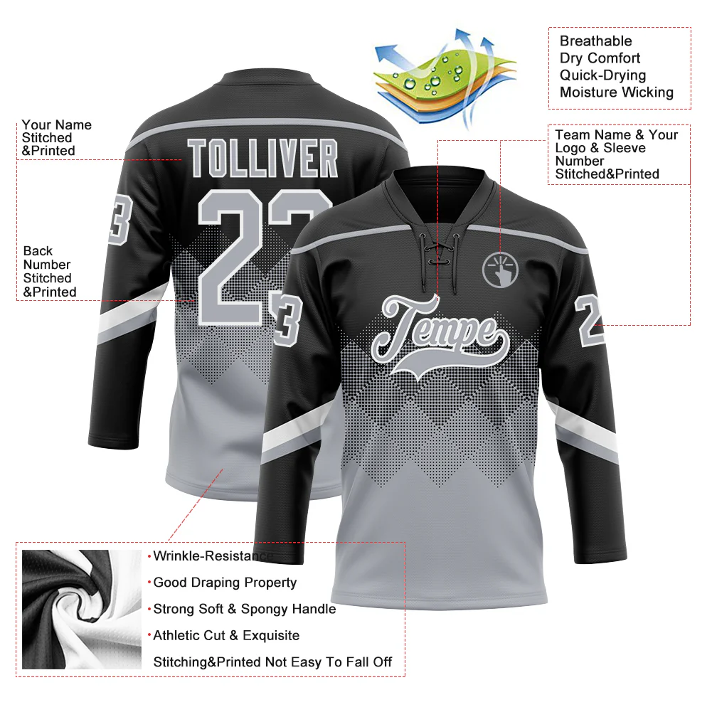 Custom Black Gray-White 3D Pattern Gradient Square Shapes Hockey Lace Neck Jersey - Image 3