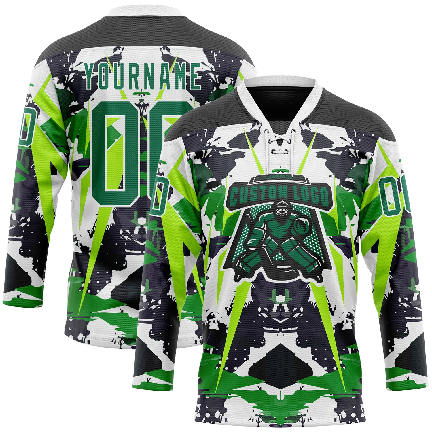 Custom Black Kelly Green White-Green 3D Pattern Abstract Grunge Hockey Lace Neck Jersey - Image 2