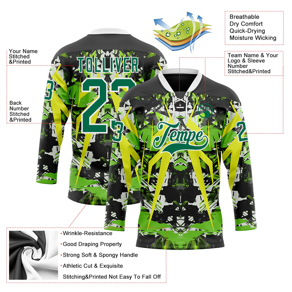 Custom Black Kelly Green White-Green 3D Pattern Abstract Grunge Hockey Lace Neck Jersey - Image 3