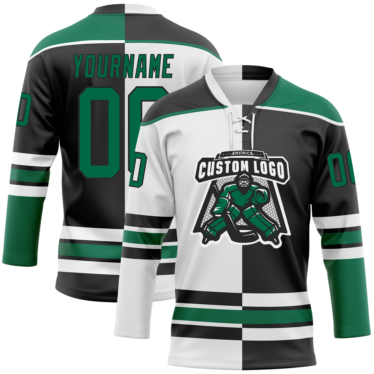 Custom Black Kelly Green-White Split Fashion Hockey Lace Neck Jersey - Image 2