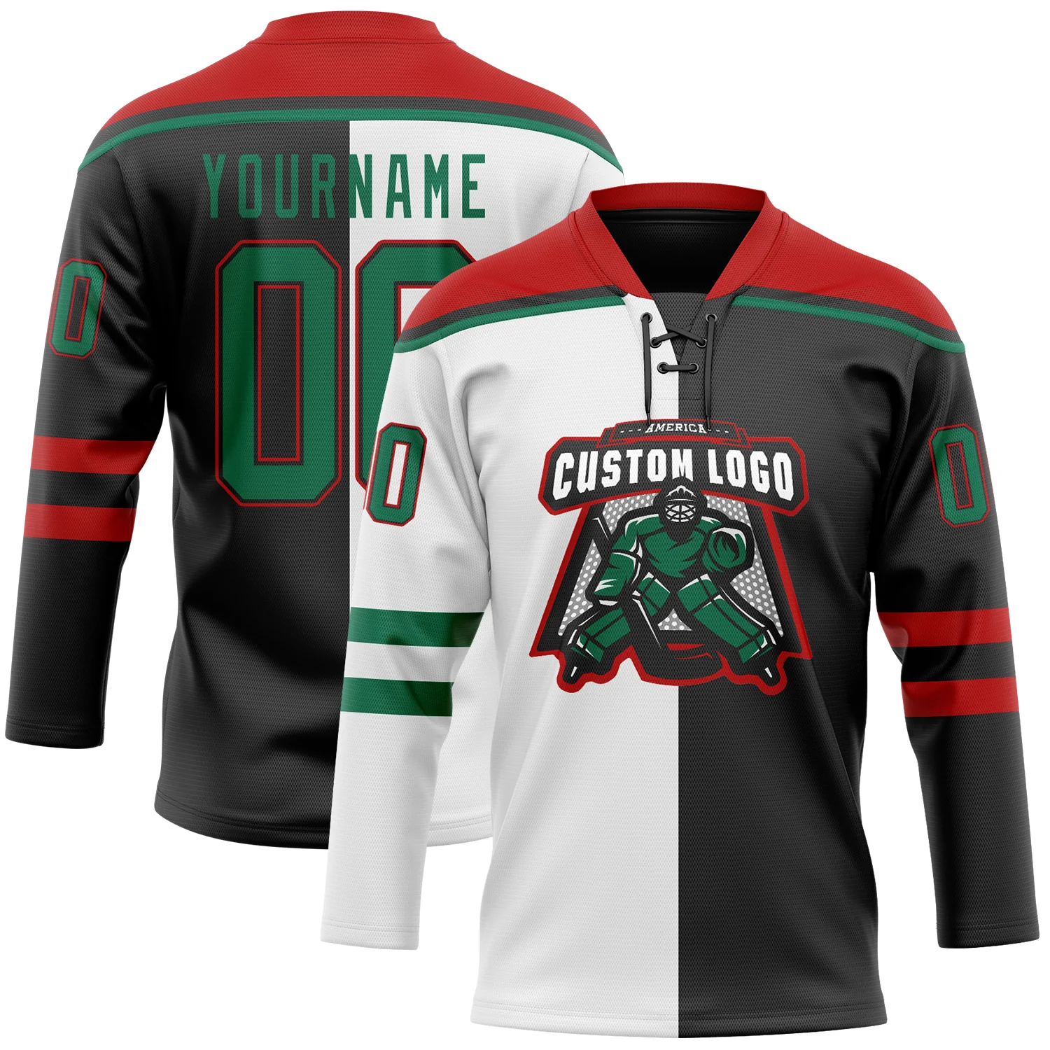 Custom Black Kelly Green White-Red Split Fashion Hockey Lace Neck Jersey - Image 2