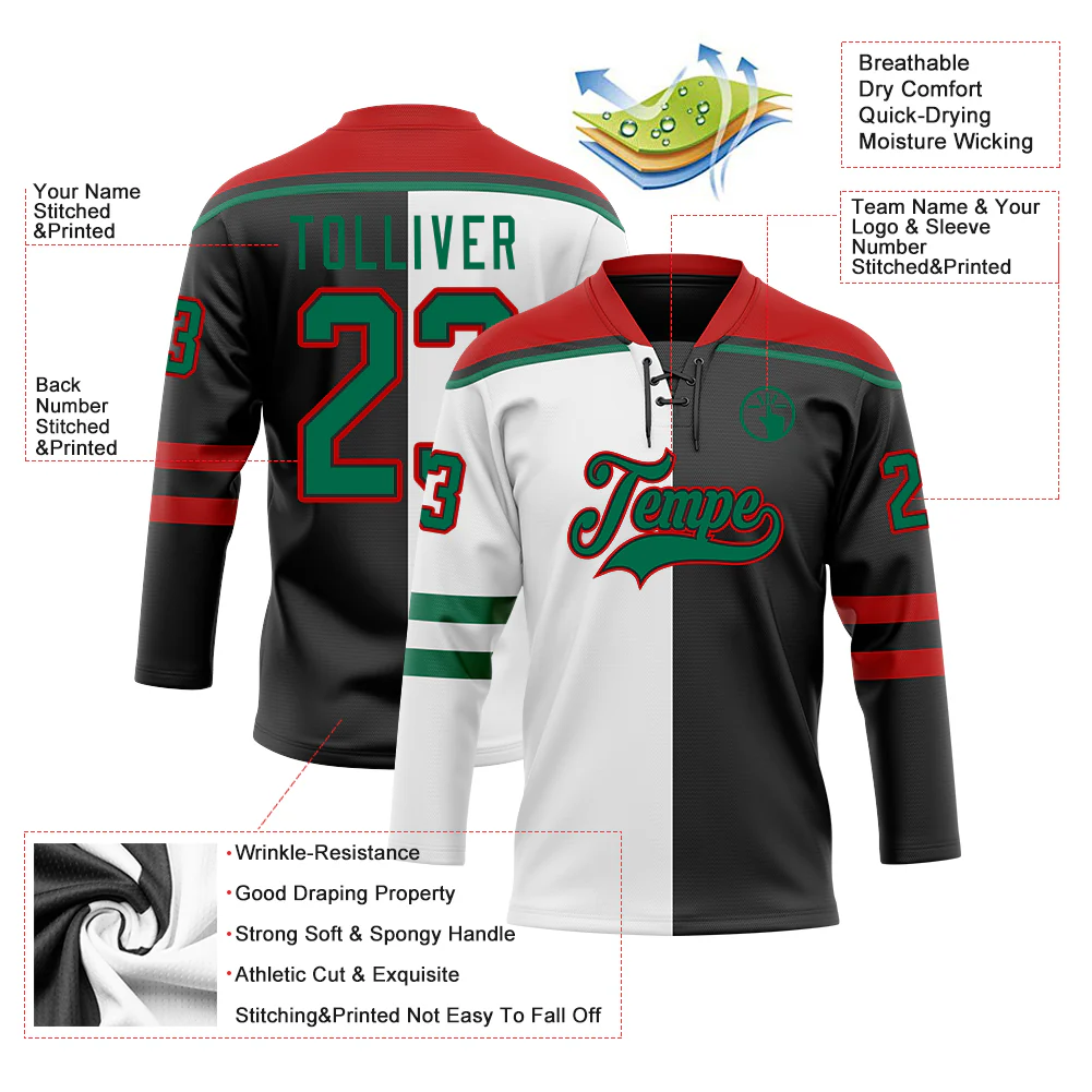 Custom Black Kelly Green White-Red Split Fashion Hockey Lace Neck Jersey - Image 5