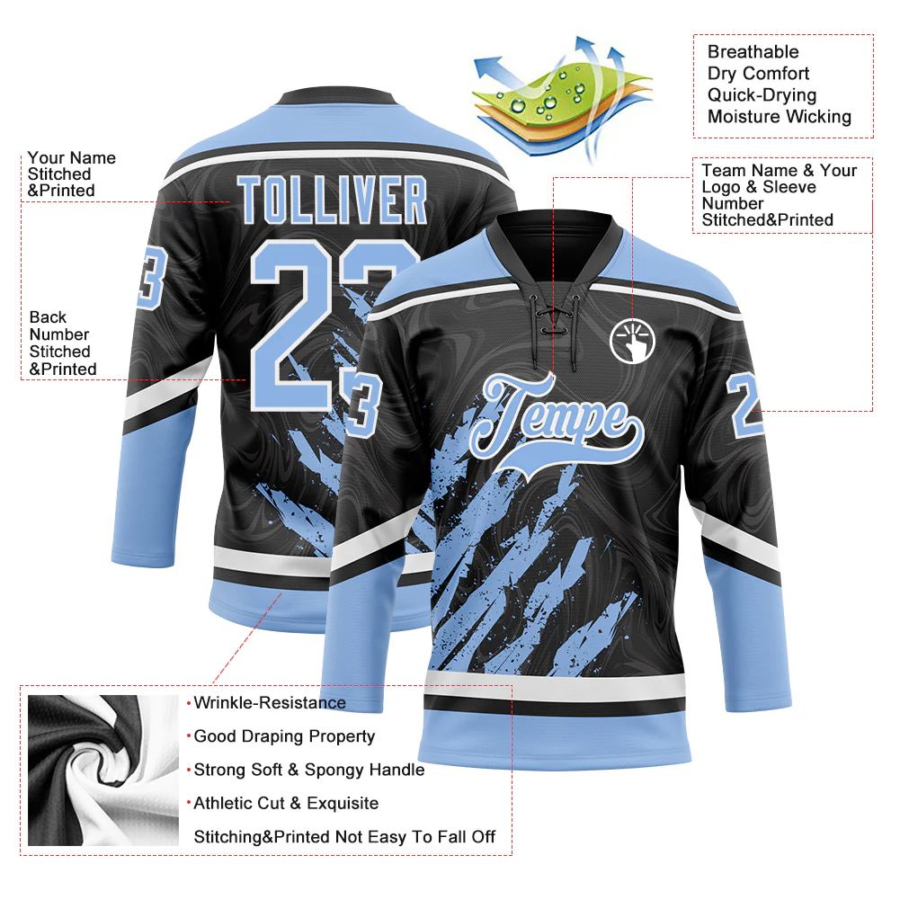 Custom Black Light Blue-White 3D Splash Art Hockey Lace Neck Jersey - Image 5
