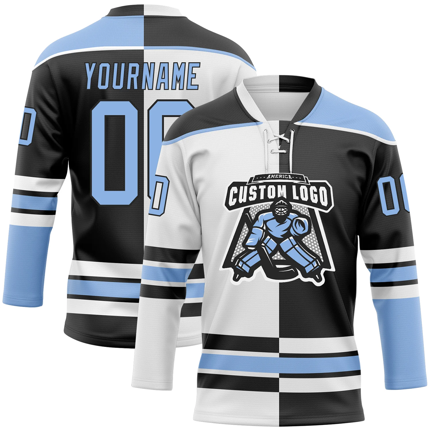 Custom Black Light Blue-White Split Fashion Hockey Lace Neck Jersey - Image 2
