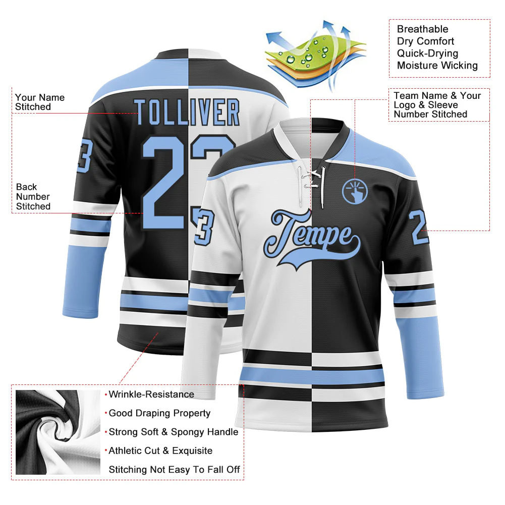 Custom Black Light Blue-White Split Fashion Hockey Lace Neck Jersey - Image 3