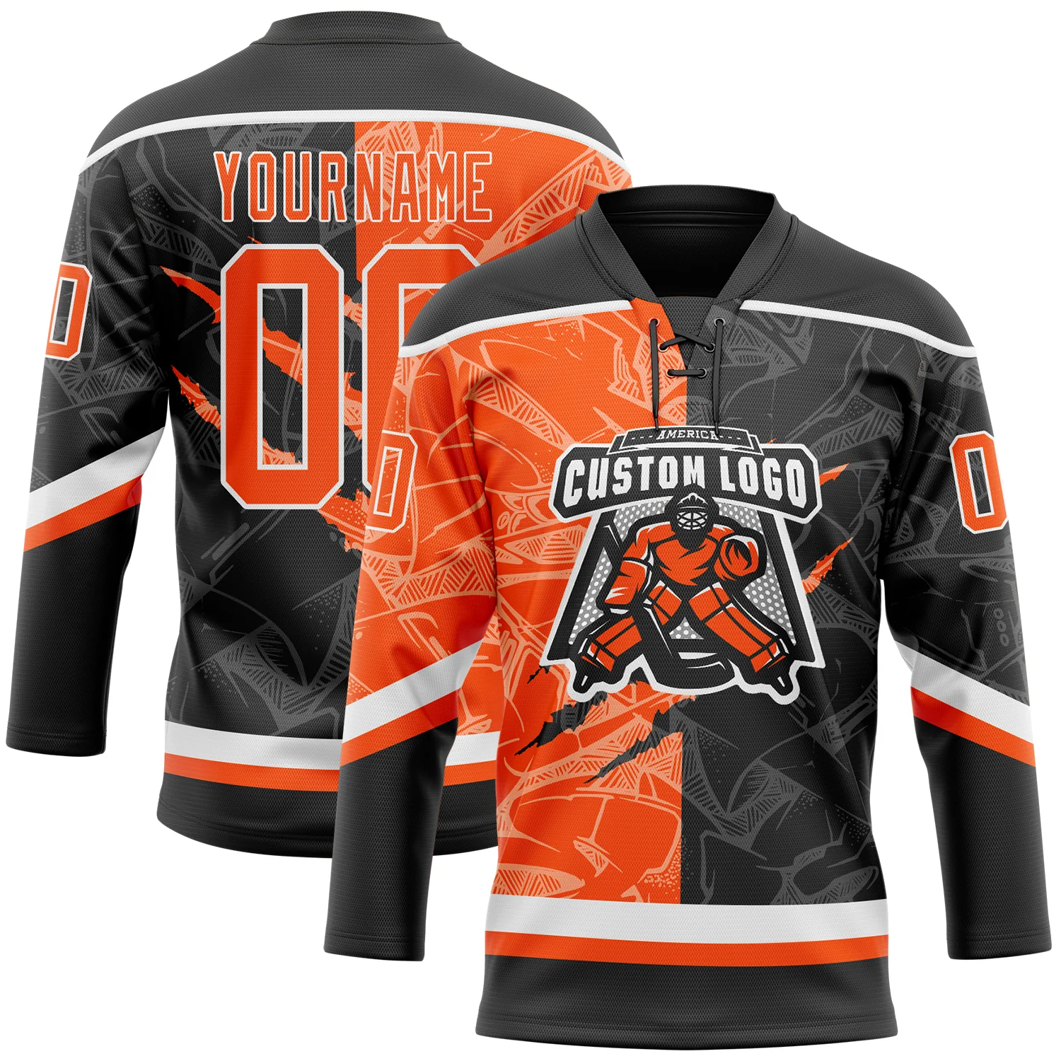 Custom Black Orange-White 3D Pattern Gradient Fashion Scratch Hockey Lace Neck Jersey - Image 2