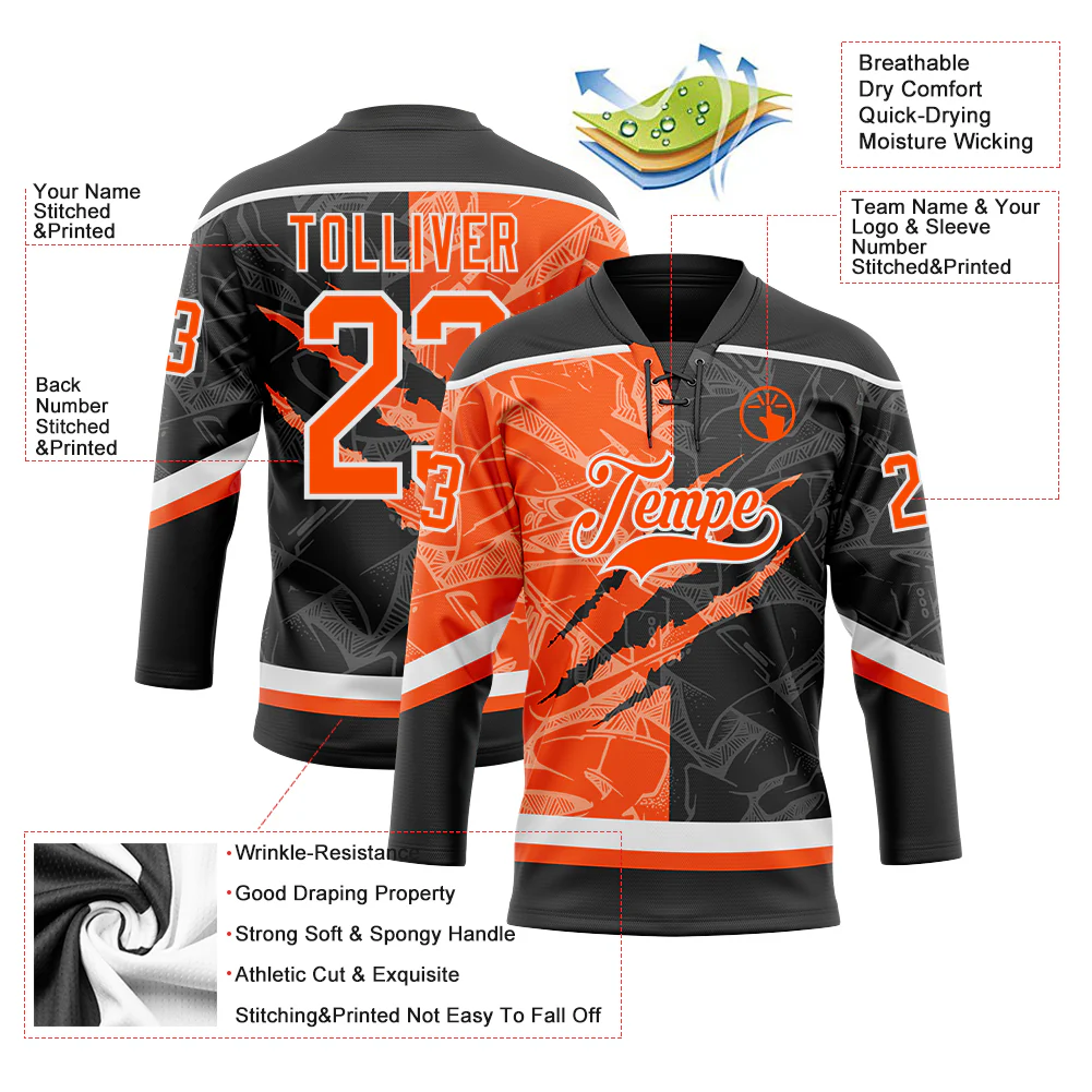 Custom Black Orange-White 3D Pattern Gradient Fashion Scratch Hockey Lace Neck Jersey - Image 3