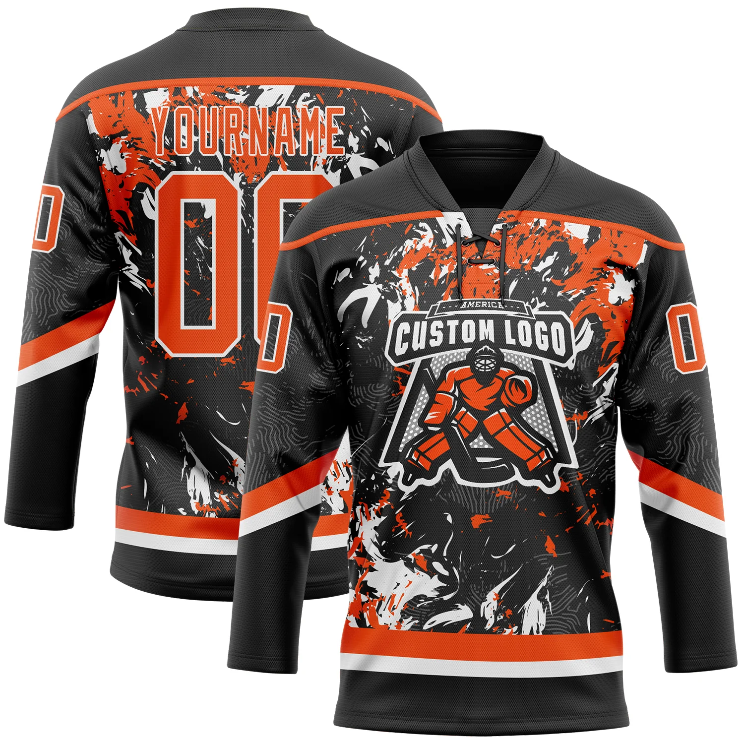 Custom Black Orange-White 3D Fluid Art Splash Hockey Lace Neck Jersey - Image 2