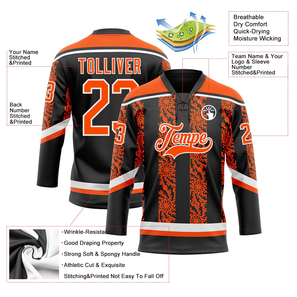 Custom Black Orange-White 3D Pattern Abstract Shape Hockey Lace Neck Jersey - Image 3